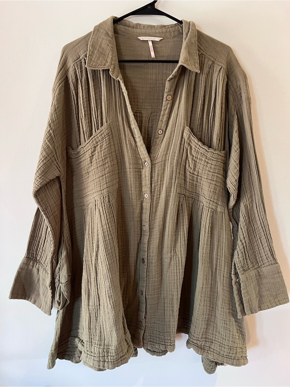 Free People Olive Green Cotton Gauze Button-Front Tunic